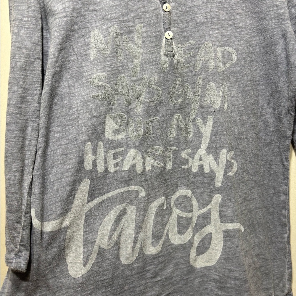 Point Zero “My Head Says Gym My Heart Says Tacos” Graphic 3/4 Sleeve Top Blue M - Picture 3 of 9
